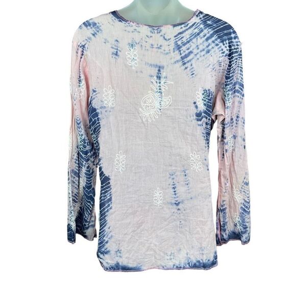 Studio C Blouse Boho V Neck Pink Blue Tie Dye Sequins Floral Embroidery Small - Picture 2 of 13
